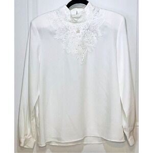 Vintage Karen Scott white ivory lace pearl blouse shirt women's 10 high collar